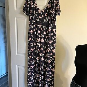 Billabong Floral V-Neck Black Maxi Dress with Pink Blossom Print